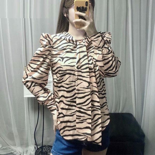 

women's blouses & shirts eayucu zebra pattern satin bow collar women 2021 spring long sleeve loose female blouse shirt streetwear t535, White
