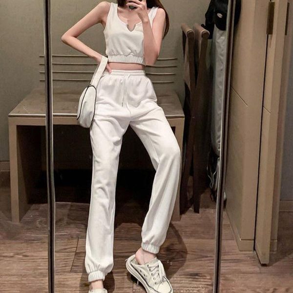 

fashion women casual elastic waist jogger pants sets slim tube + loose streetwear pant two pieces female white suits men's shirts, White;black