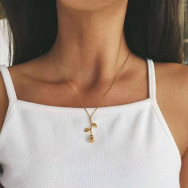 Tasarımcı Kolye Lüks Takı V Collier Femme Paslanmaz Çelik Uzun Zincir Pembe Gül Çiçek Bildirimi Kadınlar Maxi Gerdanlık