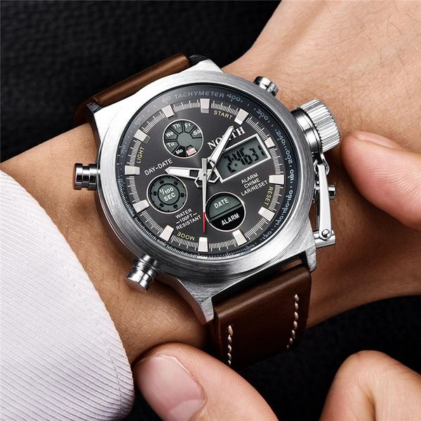 

wristwatches north men watches leather sport wrist watch waterproof military quartz digital clock relogio masculino, Slivery;brown