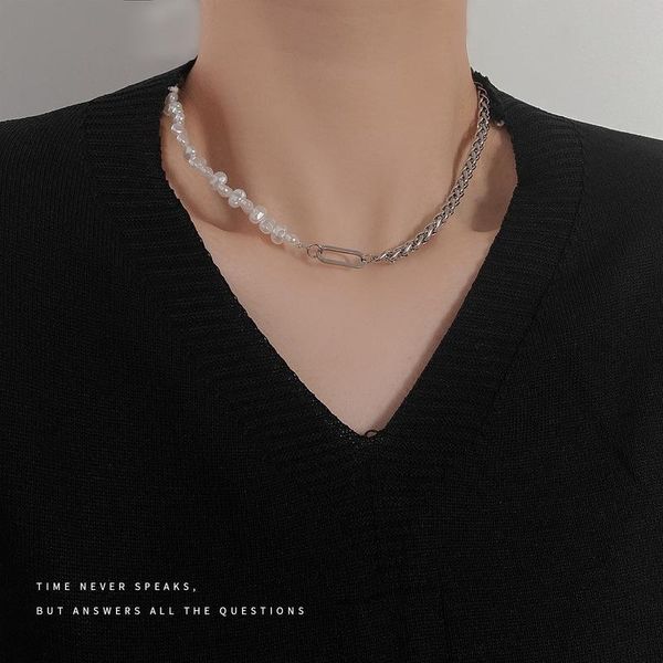 

chains artificial pearl necklace woman chain clavicle women necklaces jewelry geometric pendant silver color vintage stainless collares