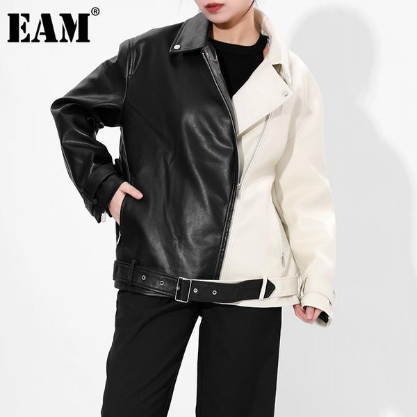 

women's jackets [eam] oversized pu leather contrast color black jacket lapel long sleeve women coat fashion spring autumn 2021 1de06430, Black;brown