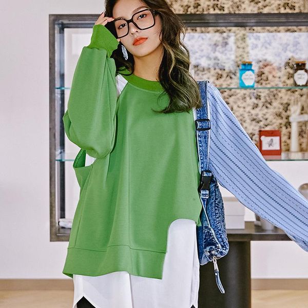 

women's hoodies & sweatshirts lanmrem fake two pieces contrast color casual pullover sweatshirt women spring and autumn big size round, Black