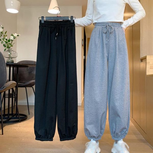 

spring autumn korean casual fashion wild loose solid color straight high waist harem pants women's & capris, Black;white