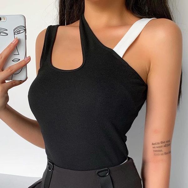 

women's t-shirt lzyvoo women shirts for summer female fashion slim stitching contrast slanted shoulder halter top, White