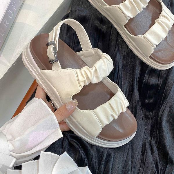 

sandals woman flat shoes 2021 fashion summer round toe mid heel black white buckle basic size 35-40 61513