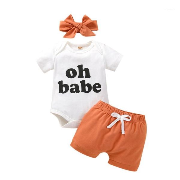 

clothing sets summer baby girl clothes kids letter print romper + shorts headband suits toddler casual outfit, White