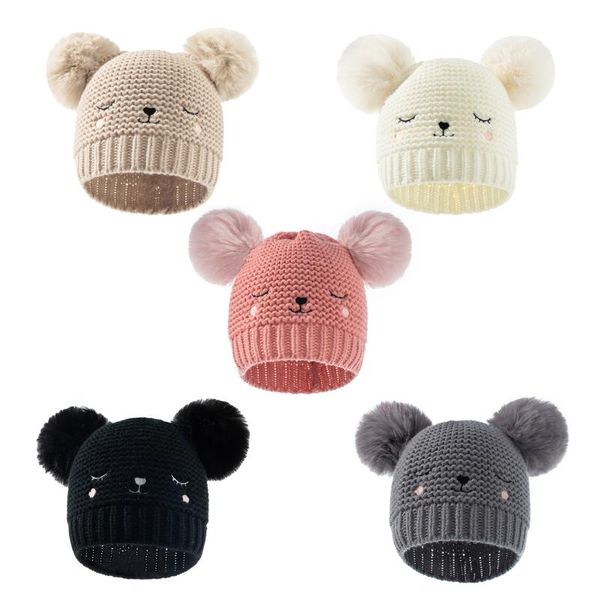 

caps & hats toddler baby boys girls autumn winter beanies infant knitted hat double pompon plush ball windproof warm cap accessories, Yellow