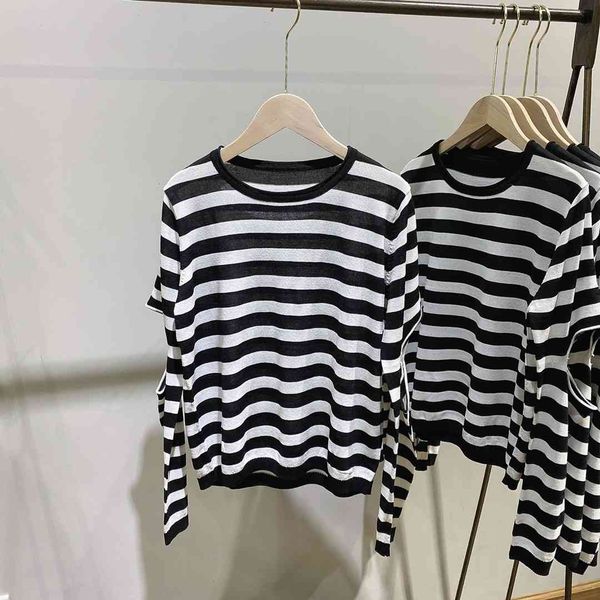

1351 careful machine small irregular off shoulder knitted striped shirt spring and summer new ice hemp long sleeve, White