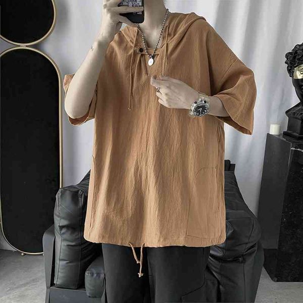 

summer trend harajuku men's short sleeve t-shirt loose hooded sweater, Black