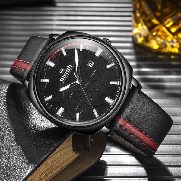 

wristwatches swish the latest leather wristwatch men black fashion luminous military quartz watch casual waterproof sports clock 2021 reloj, Slivery;brown