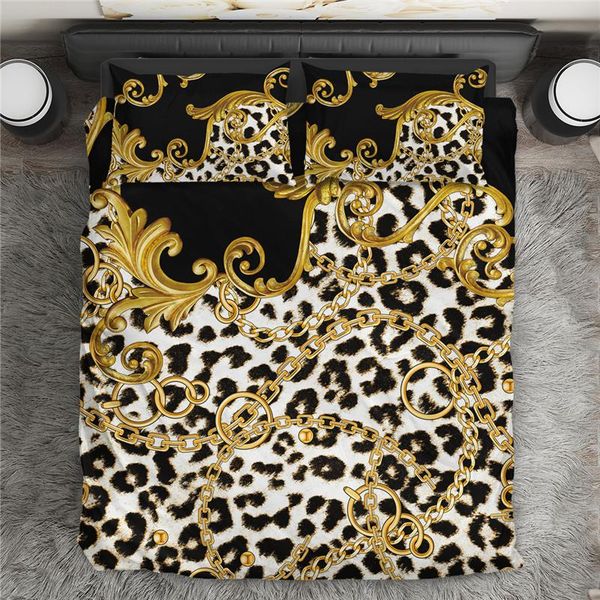 

bedding sets leopard pattern with chain print 3pcs luxury golden baroque floral duvet cover pillowcase home textile
