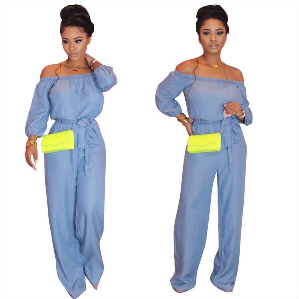 

light blue slash neck loose womens jumpsuits pants elastic waist long sleeves sash straight casual spring arriva, Black;white