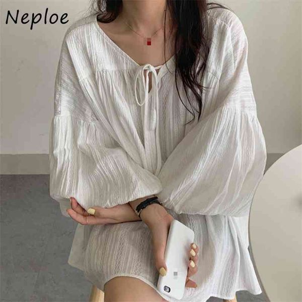 

loose lantern sleeve femme blouse fashion chic retro v-neck shirt women casual solid color blusas 1f581 210422, White