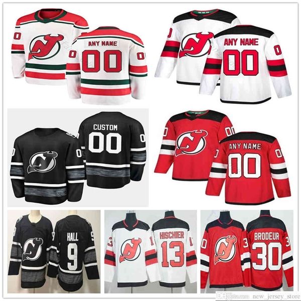 

96 custom new jersey devils 30 martin brodeur 9 taylor hall 13 nico hischier 21 kyle palmieri 44 miles wood men women kids youth hockey jers, Black
