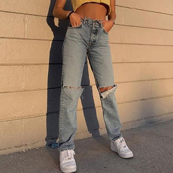 

women's jeans wepbel vintage mid waist straight mom streetwear ripped hole distressed denim pants women casual trousers, Blue