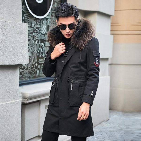 

men's leather & faux real fur coat men liner raccoon collar hooded parka warm natural plus size winter fx888822 yy812, Black