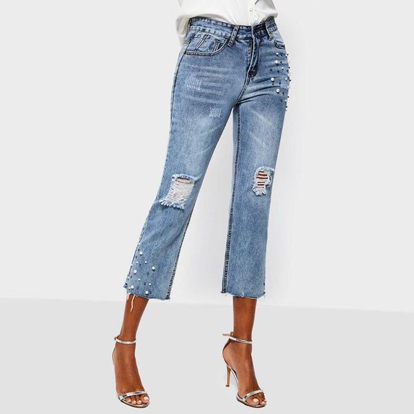 

women's pants & capris denim women spring vintage fashion street ripped hole high waist jeans slim ladies beads elegant casual chic tro, Black;white