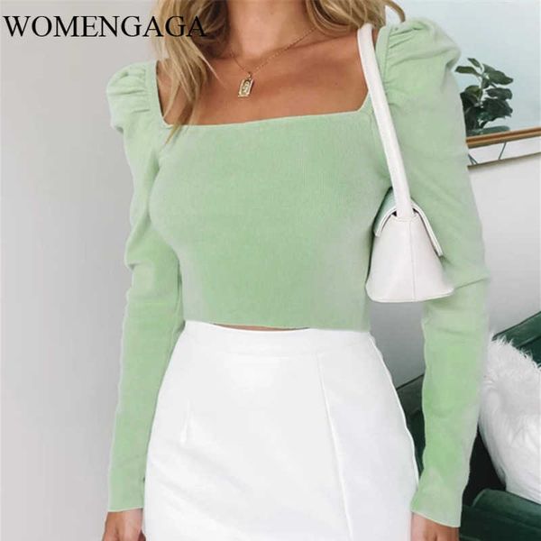 

womengaga women square neck crop knitted jumper with puff shoulder detail long sleeve knit k4yc 210603, White;black