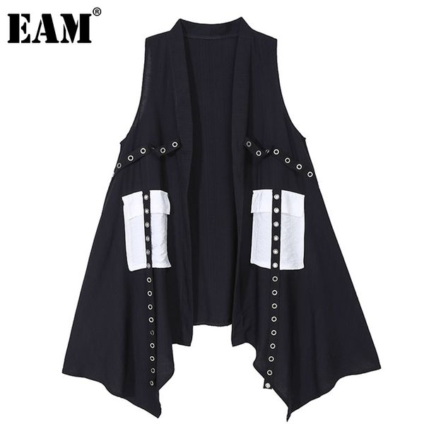 

[eam] women loose fit black hollow out ribbon bandage pockets big size vest sleeveless fashion summer 1dd6482 21512, Black;white