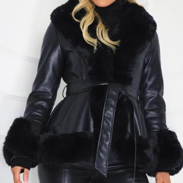 

women's fur & faux western style overcoat autumn winter fashion designer hipster thin pu collar splicing long sleeve, Black