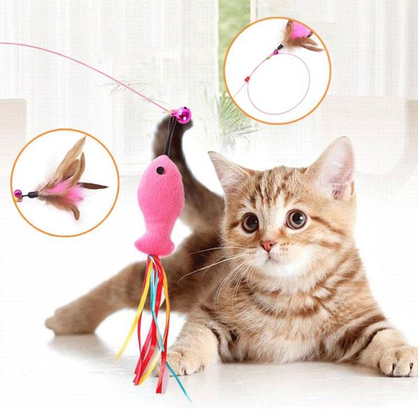

cat toys plush funny stick for kitten fish shape steel wire pet products elasticity accessories feather toy with bells