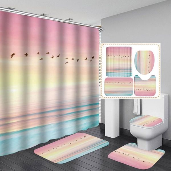 

scenery pattern 3d shower curtain 4pcs set waterproof polyester fabric non-slip u shape mat rug toilet print cover + 12 hooks curtains