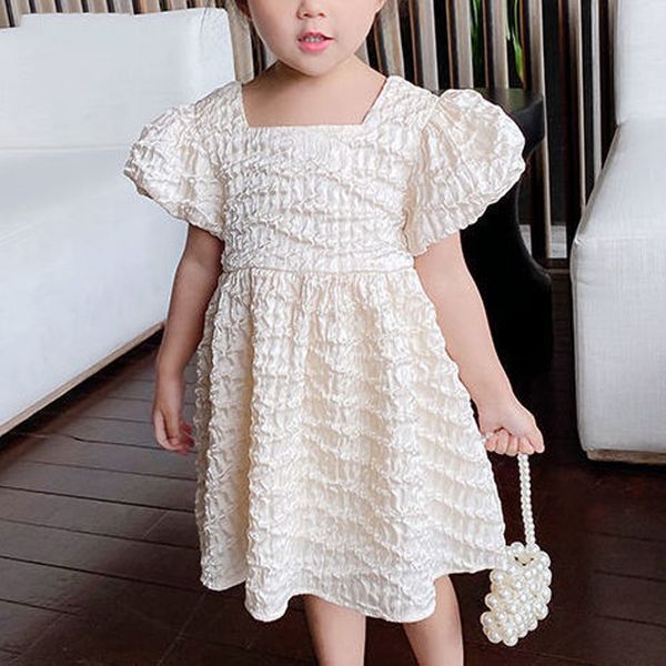 

girls dress puff sleeve pure color sweet princess fashion kid clothes summer 2-6y 210515, Red;yellow