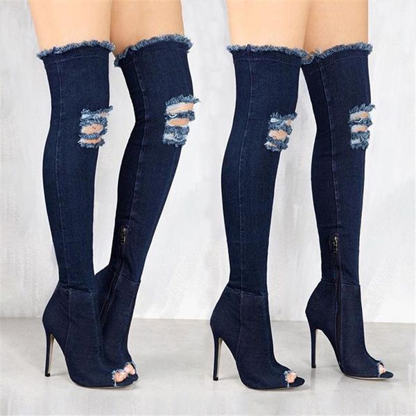 

boots women high shoes female heels long botas 2021 autumn winter motorcycle ladies fashion denim fabric, Black