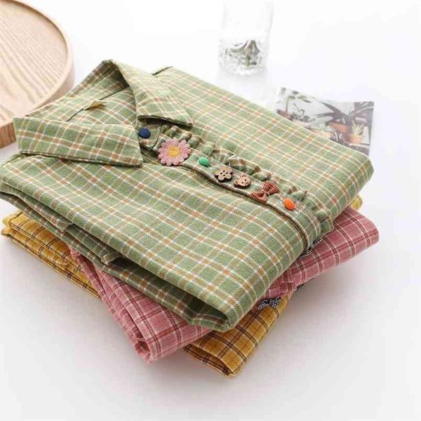 

spring autumn preppy style women long sleeve loose casual shirts 100% cotton plaid turn-down collar blouse femme s94 210512, White