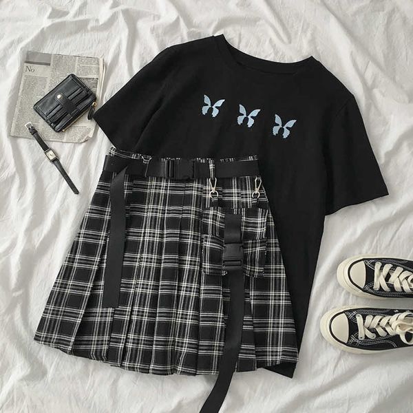 

summer two piece set korea ulzzang college jk uniform casual punk plaid a-line high waist pleated skirt goth butterfly women set 210608, White