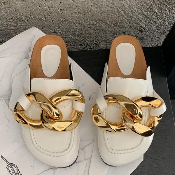 

women slippers brand design gold chain slip on mules shoes ladies round toe flats casual female slides flip flop woman, Black