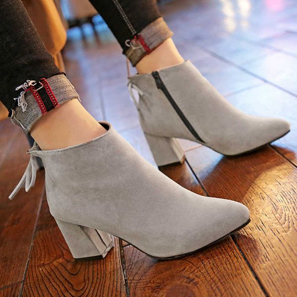 

dress shoes winter women short ankle boots flock pointed toe chunky heel solid zip lace butterfly knot fashion elegant ladies fema, Black