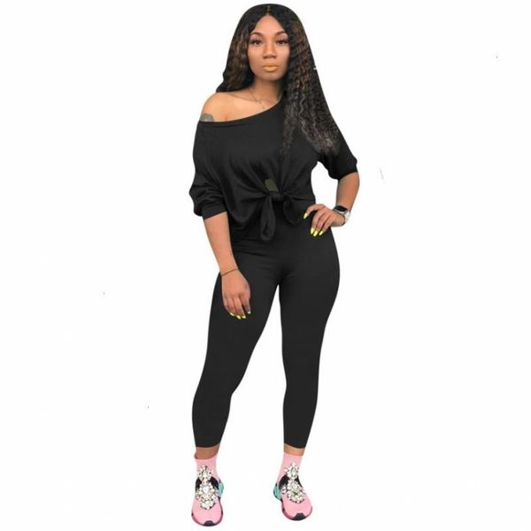 

two piece dress 2021 women autumn three quarter length sleeve tie up hem off shoulder long pants suit set tracksuit outfit, White
