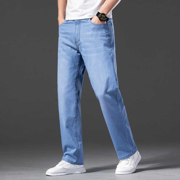 

men's straight cut jeans summer loose pants light blue straight leg pants fit male vintage large size 44 business denim trousers 210622