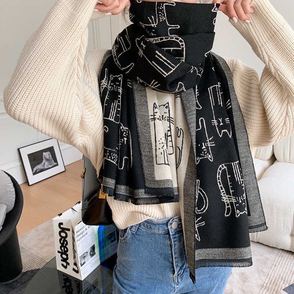 

japan south korea spring and autumn warm scarf female cat thickened double-sided cashmere imitation student bib dual-purpose shawl, Blue;gray