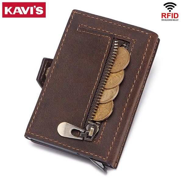 

card holders kavis rfid holder zipper coin purse multifunctional case crazy horse leather men and women wallet, Brown;gray