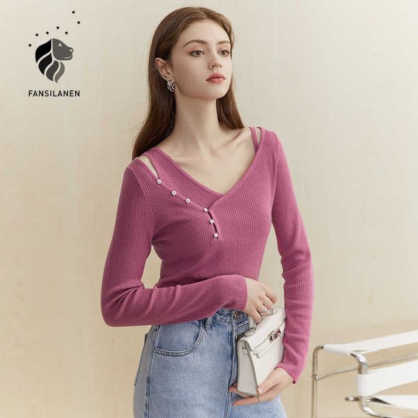 

fansilanen two piece suit knitted sweater women v neck button long sleeve pink pullover autumn winter skiny jumper knitwear 210607, White;black