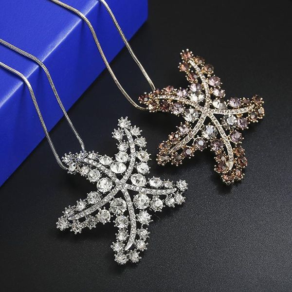 

f&u fashion crystal starfish design pendant snake long chain necklace for four season charming women 2 colors choice chains, Silver