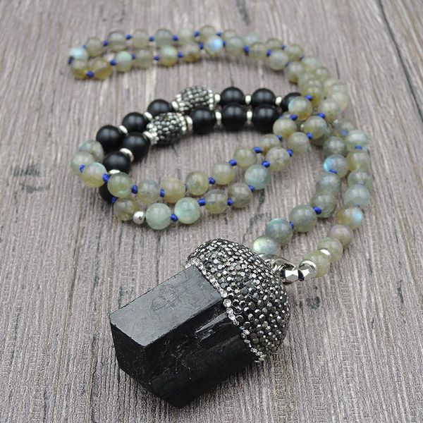 

pendant necklaces natural black tourmaline point pave cz pendants 8-mm labradorite round beads knot handmade 30inch 40inch, Silver