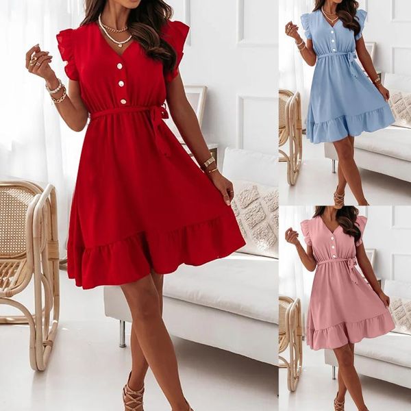 

party dresses summer woman v-neck lotus leaf sleeve drawstring pleated loose big swing dress female solid color casual pullover, White;black