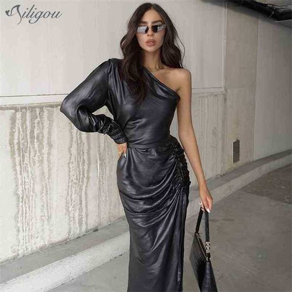 

summer women one shoulder long sleeve club party dress black pu hanging celebrity runway tight 210525, Black;gray