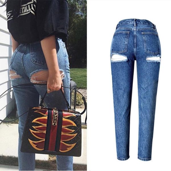 

street trendy women's clothing high waisted slim fit ripped jeans lady exposed busuper button vintage denim trousers, Blue
