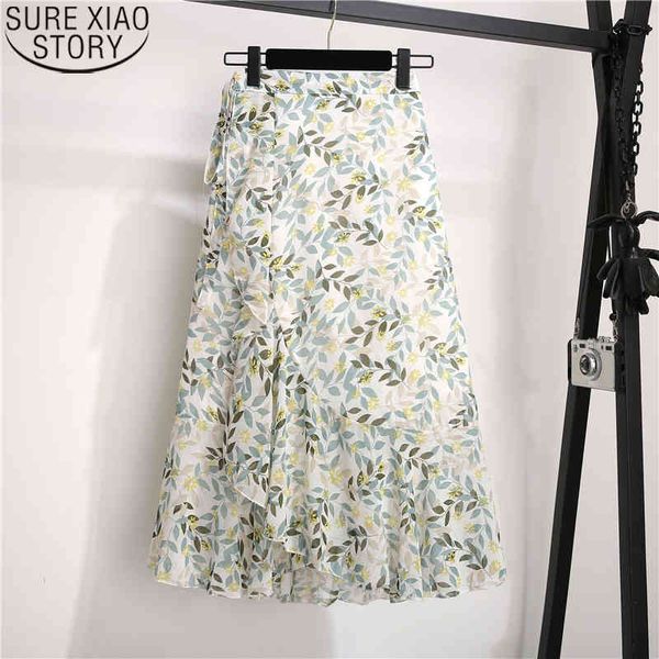 

jupe femme solid women lace-up lotus leaf beach vintage chiffon summer fishtail floral midi skirts irregular skirt 10232 210417, Black