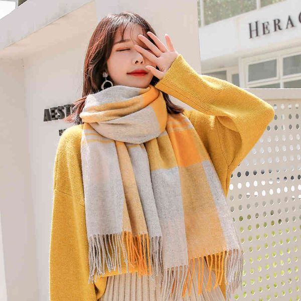 Giallo Lana Inverno Donna 2021 Moda Sciarpe Reticolo Scialli e Impacchi per Le Signore Grande Sciarpa Scozzese Stola Pashmina