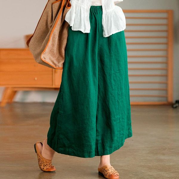 

women's pants & capris johnature women linen wide leg 6 color elastic waist solid summer trouser 2021 loose casual female, Black;white