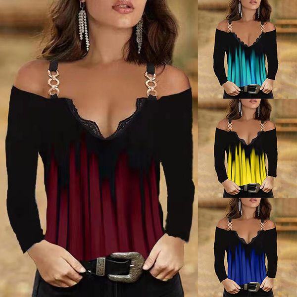 

women's 2021 autumn winter gradient metal ring sling lace v-neck long sleeve off shoulder bottomed shirt, White