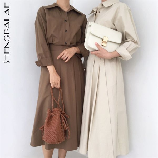 

minimalist shirt dress women's spring lapel single breasted waist long sleeve mid-calf dresses female qk9541 210427, White