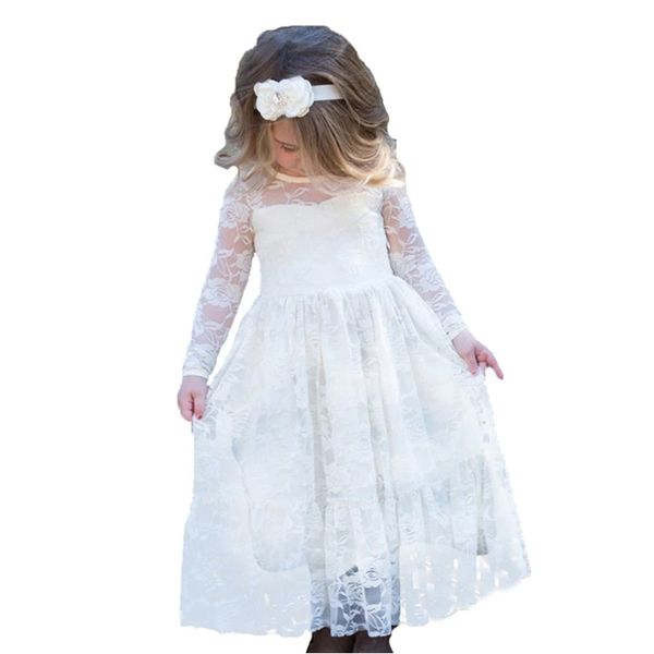 Menina vestido lace longa flor para a idade 2-12 crianças princesa princesa casamento formal vestido de festa de festa branco branco grande vestuário doce q0716