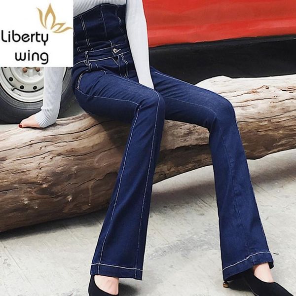 

women's jeans women lace up high waist slim fit office ladies denim bell-bottomed flare pants long trousers casual vintage, Blue